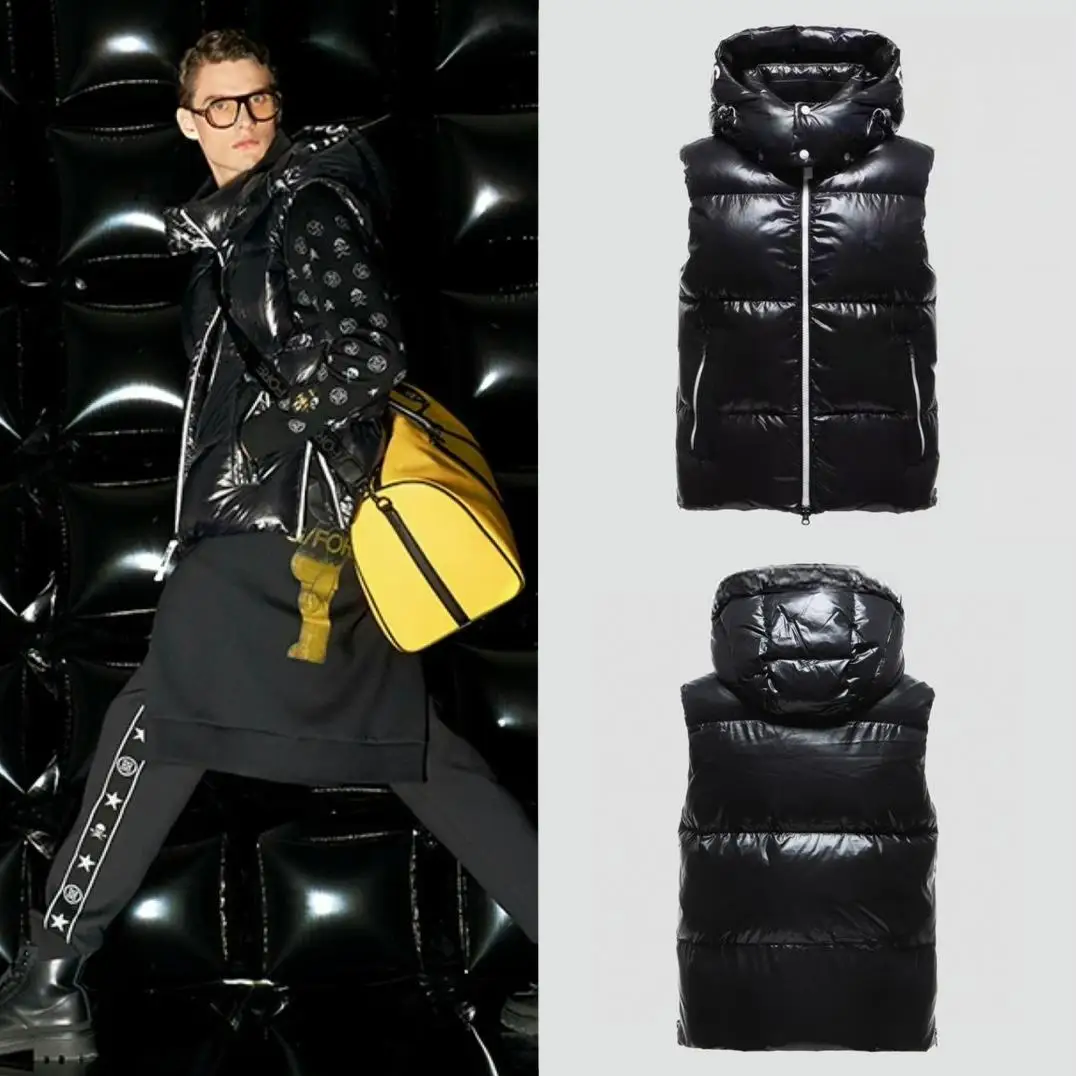 2026 Men Detachable Hood Golf Down Vest Zipper Spliced Thick Warm Sleeveless Outdoor Waistcoat