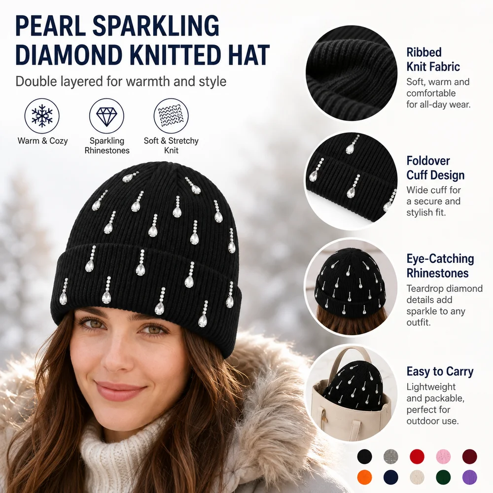 Sparkling Rhinestone Embellishment Beanie Hat Women`s Knitted Hat Foldover Cuff Hat Autumn Winter Hat Stretch Fit Cuffed Beanie