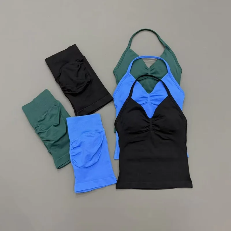 2 Piece Gym Set Women Seamless Longline Strappy Top Yoga Scrunch Shorts Workout Suit Quick Dry Breathable Running Sports Sets view 3