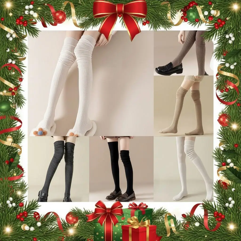 Women Autumn Winter Thickened Cotton Knee Socks Solid Color Splicing Stockings Preppy Style Socks Warm Cotton Tall Tube Leggings