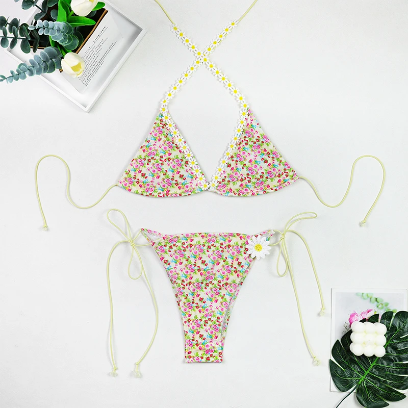 

Sexy Women's Thong Bikini Set 2025 Side Halter Tie Brazilian Swimwear with Split Strap Adjustable Design for Ladies Beachwear