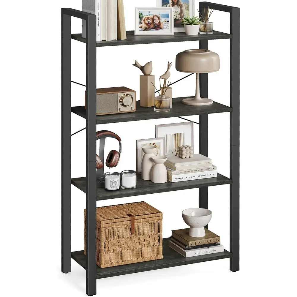 4-Tier Bookcase with Steel Frame, Living Room, Home Office, Study, 11.8 x 26 x 47 Inches, Industrial Style, Charcoal Grey and In