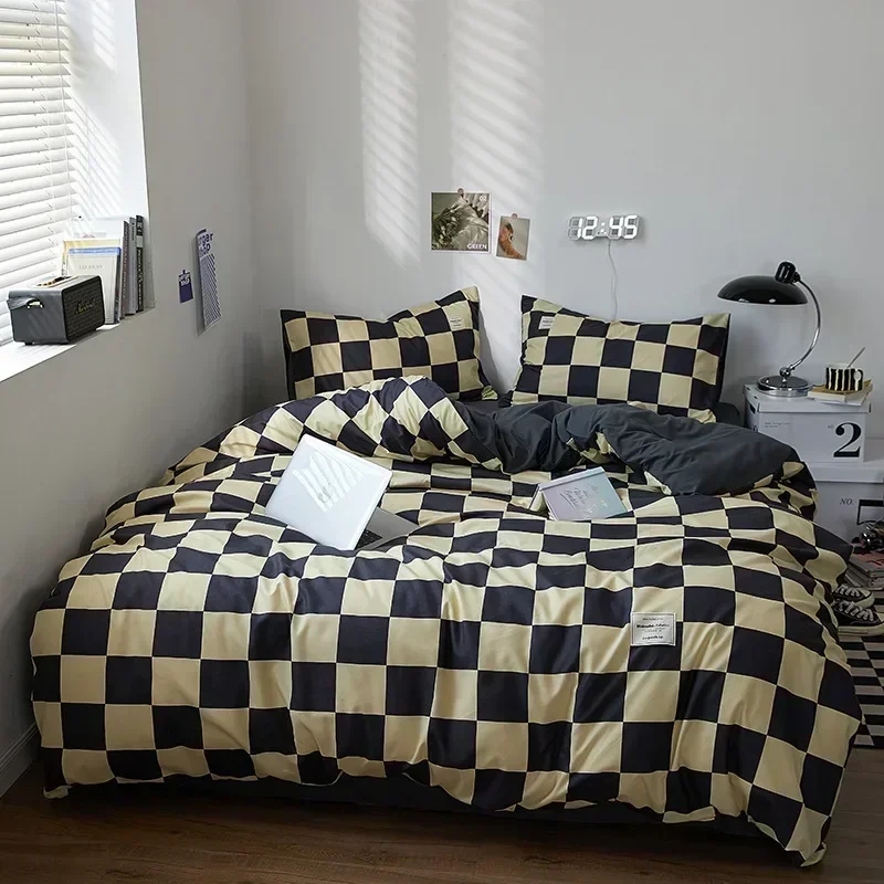 

Grid Plaid Duvet Cover Set Full, Soft 100% Washed Cotton Checkered Comforter Set,Black and White Comforter Cover Bedding Sets