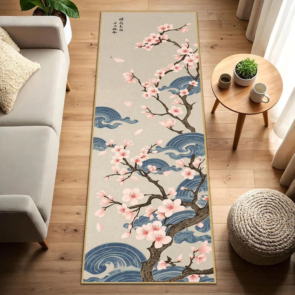 Japanese Style Blossom Tree Runner Rug Vintage Floral Wave Print Non Slip Area Rug for Living Room Bedroom Hallway Home Decor