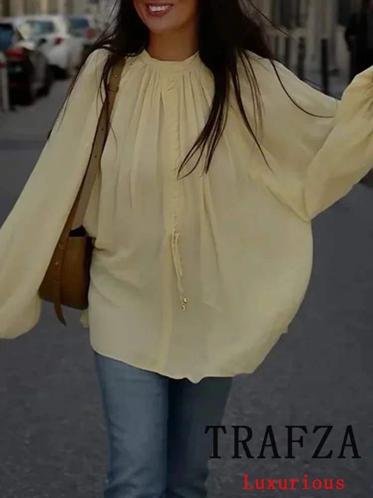 

TRAFZA Casual Chic Solid Women Blouse Long Lantern Sleeve Loose Shirts Fashion 2025 Autumn Holiday Elegant Oversized Blouses