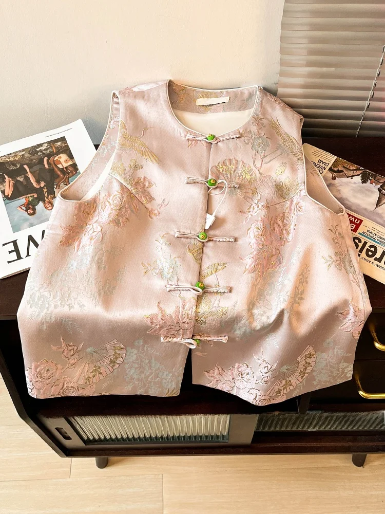 

Pink New Chinese Sle Heavy Embroidery Jaet Women's Summer Elegance National Sle Bead Button Vest Top Commute