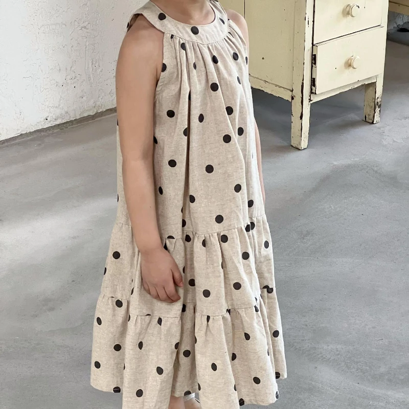 Girls Dress Korean Children Wear 2024 Summer New Fashionable Dress Polka Dot Sleeveless Cotton Linen Casual Simple Kids Dress