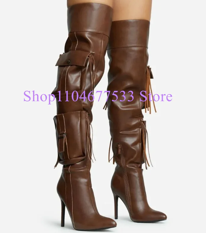

Коричневые кожаные женские высокие сапоги с бахромой, модные женские сапоги выше колена с острым носком на тонком каблуке, банкетная обувь большого размера