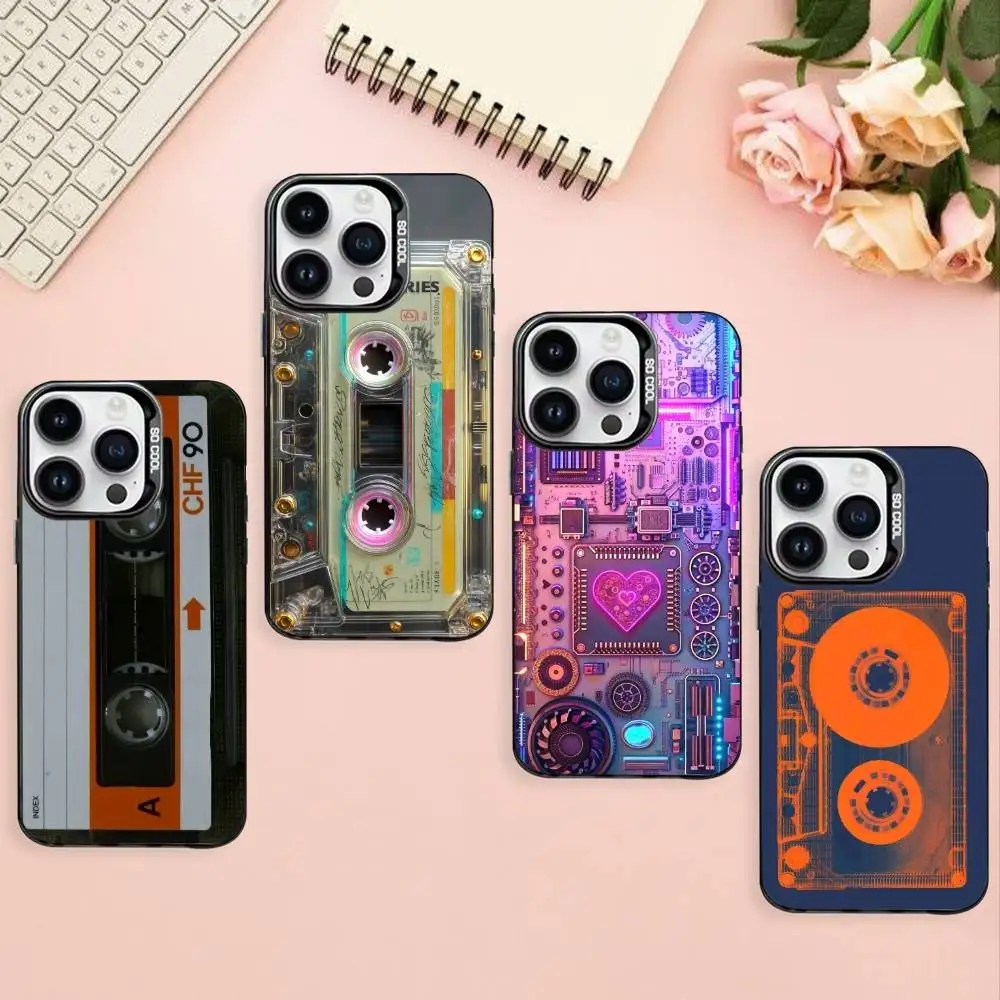 

Magnetic Radio Tape Cassette Phone Case For iPhone17,16,15,14,13,12,Pro Max Black Colored Silver Plated Inside Cover