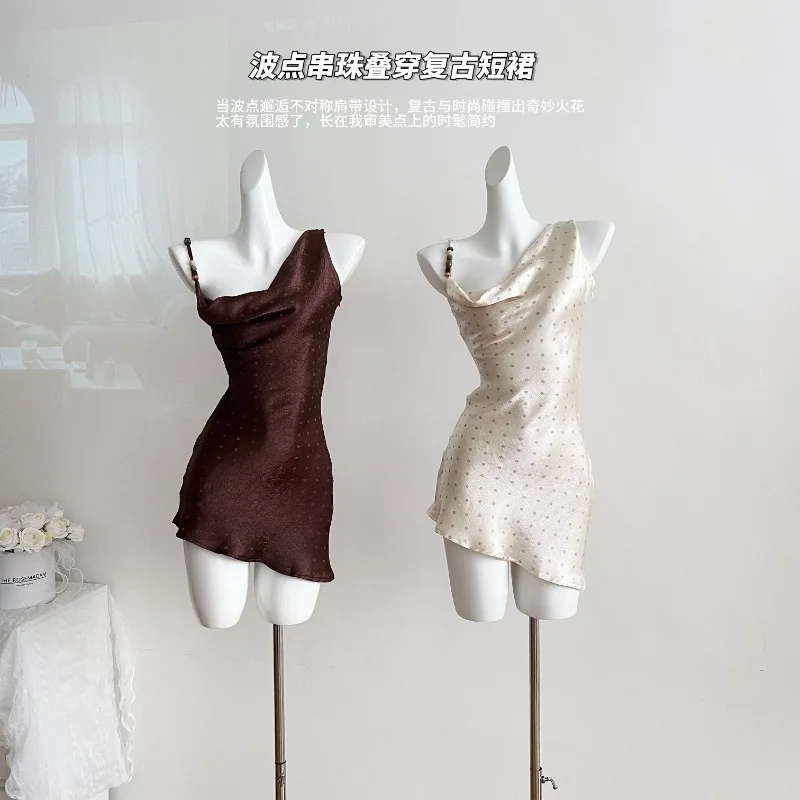 

Sweet Hot Girl Beaded Polka Dot Dress Women's Summer Retro Irregular Slim Fit Strap Short Dress Fashion Female Clothes