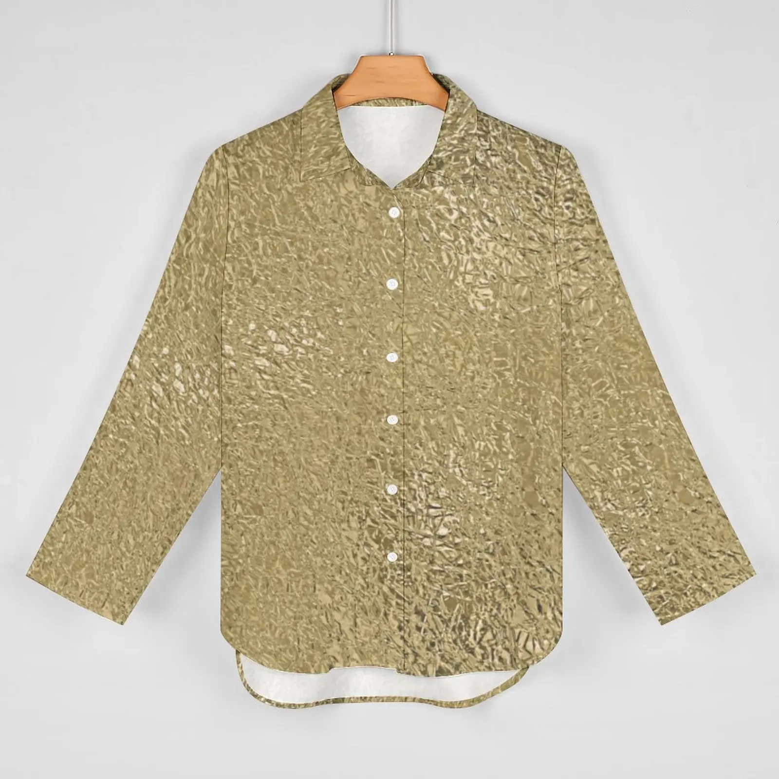 Gold Faux Metallic Print Casual Blouse Long Sleeve Golden Glitter Cool Blouses Women Basic Oversize Shirt Tops Birthday Present