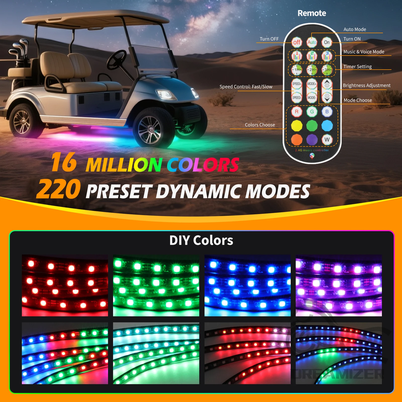 4PCS Golf Cart Underglow LED Light Strip Dream Color Neon Accent Lighting Kit APP/Remote Control For EZGO Yamaha Club Car