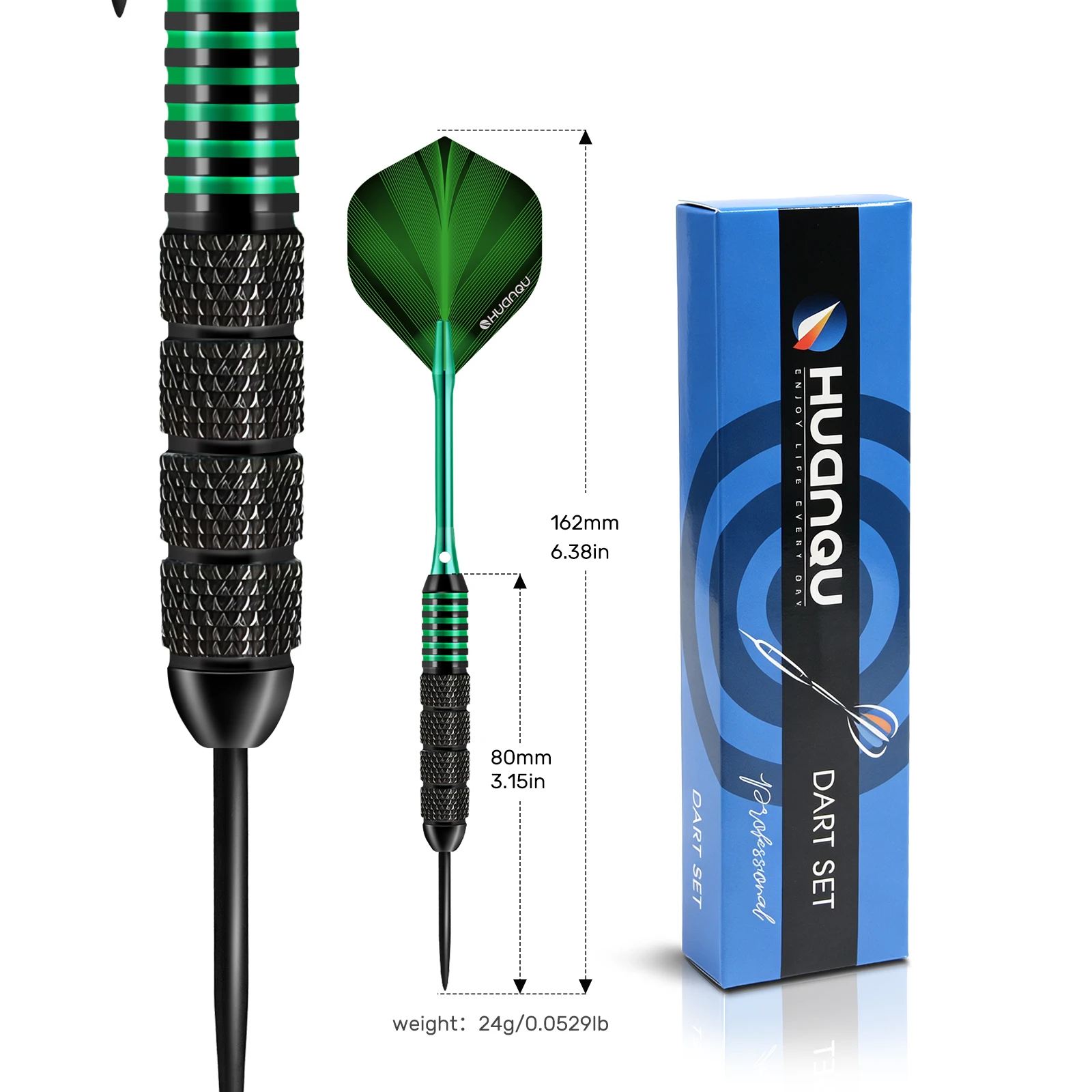 HUANQU 24g Iron Steel Tip Darts Set, 3pcs Professional Darts, Black Green, 3 Shafts, 3 Flights, Carry Case, Training & Games