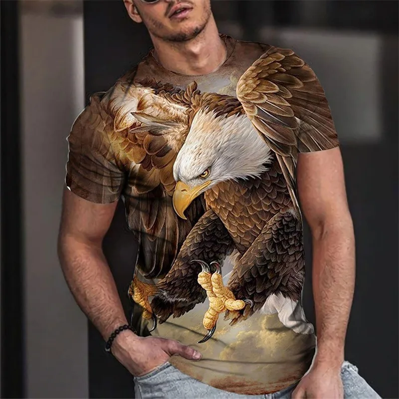 

Men's 3D Eagle Pattern T-shirt, Round Neck Loose Short Sleeve Shirt and Animal Pattern, Large Apparel, Summer Menswear