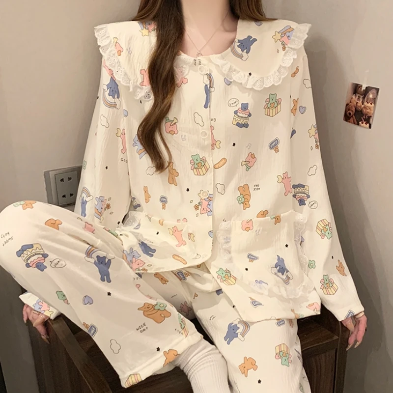 

Cartoon Kawaii Bear Print Women's Cloud Cotton Pajamas Sweet Lace Spliced Doll Collar Sleepwear 2025 Spring Autumn New Homewear