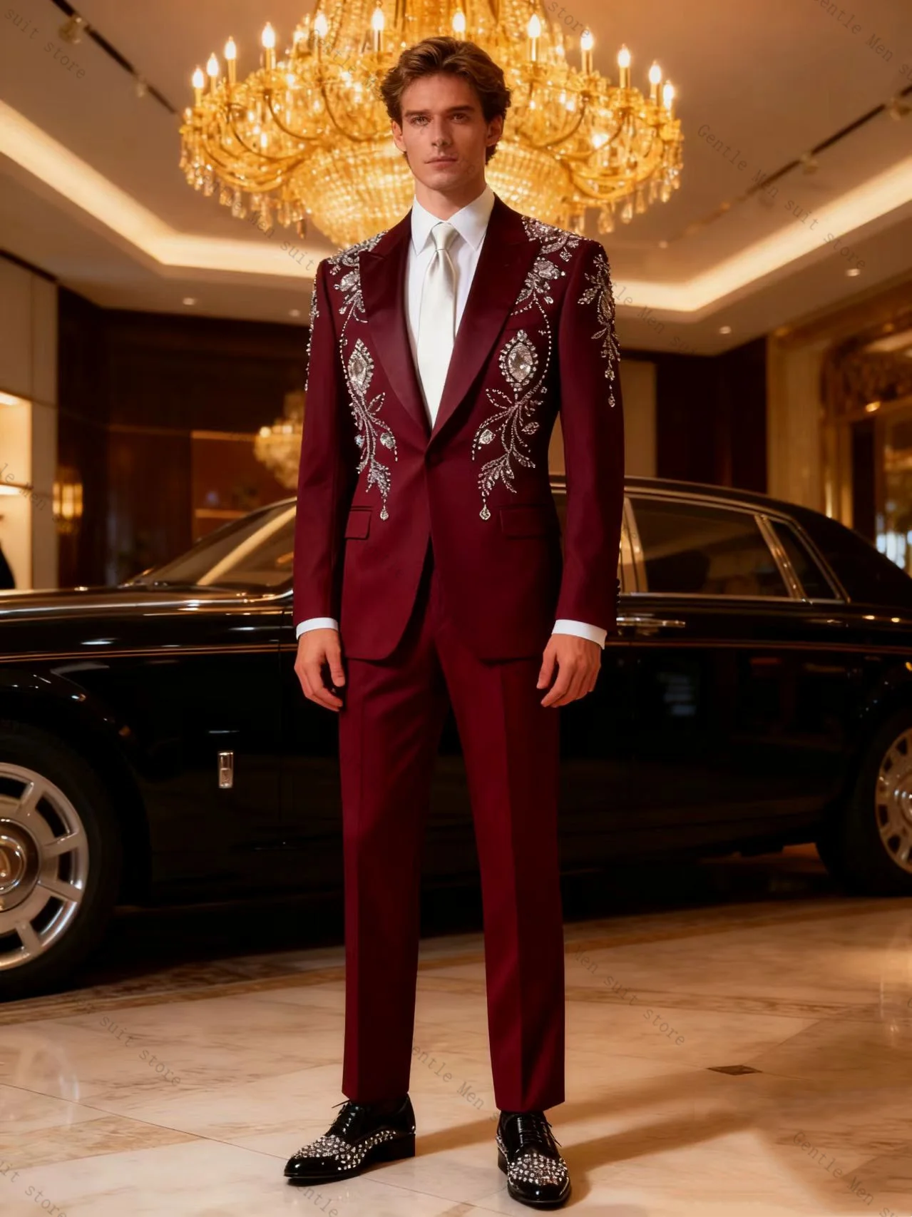 

Burgundy Men Suit Set 2 Piece Crystals Blazer+Pants Trousers Cotton Wedding Tuxedos Formal Office Jacket Coat Customized