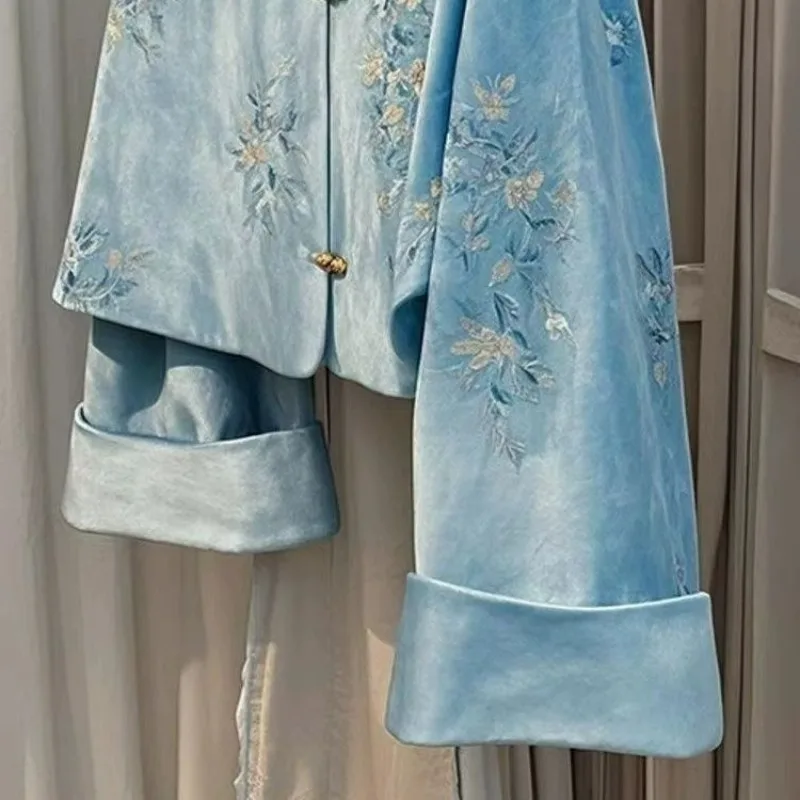 Chinese Style Blue Embroidered Velvet Jacket Women Autumn New Tang Style Collar Buckle Reduced Age Female Coat