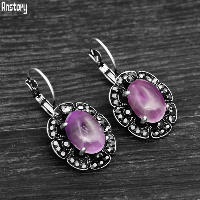 Vintage Rhinestone Natural Amethysts Earrings For Women Antique Silver Plated Natural Stone Quartz Tiger Eye Fashion Earring