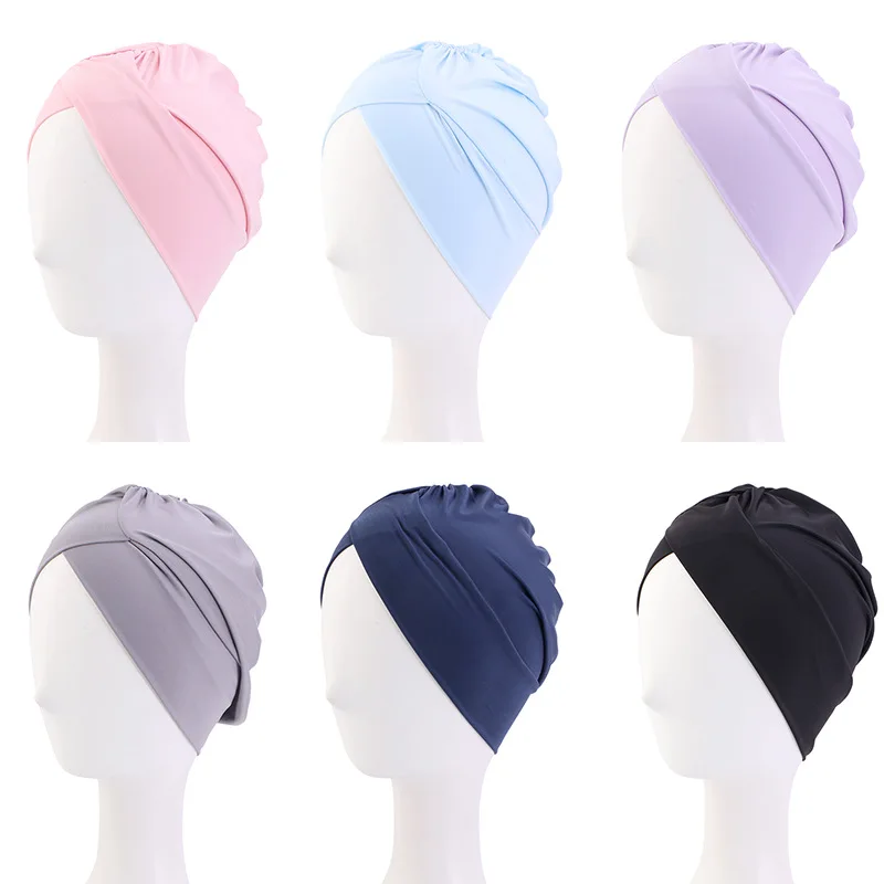 Muslim Fashion Solid Turban Caps Stretch Cross Swimming Hat Fashion Women Bottoming Cap Trendy Ladies Hijab Bonnet