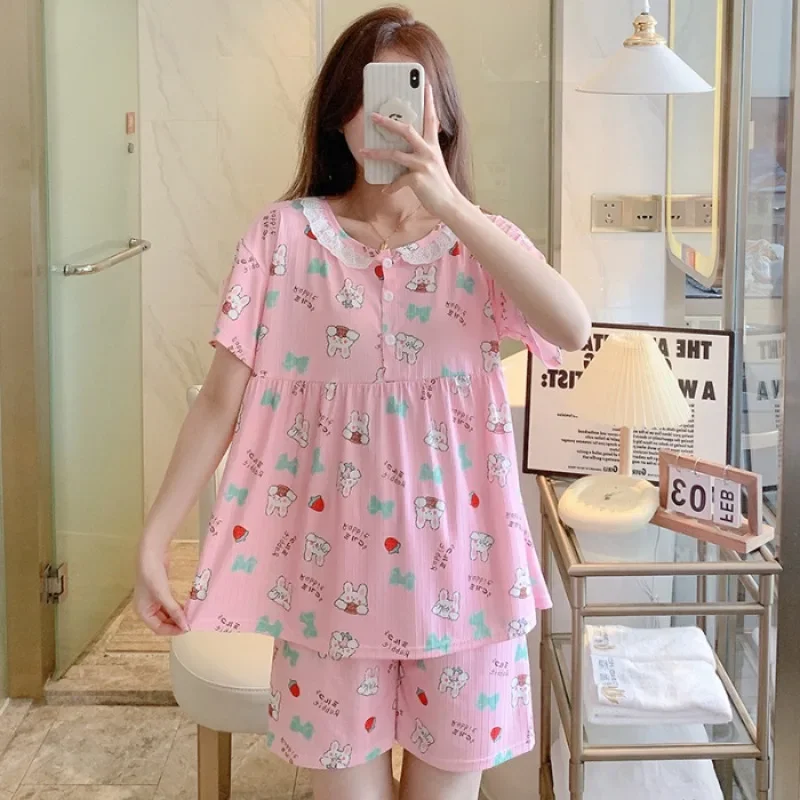 5XL Plus Size Summer Pajamas Women Sweet Cartoon Short-Sleeved Short Tops and Shorts Suit Students Loose Outfits Sleep Homewear