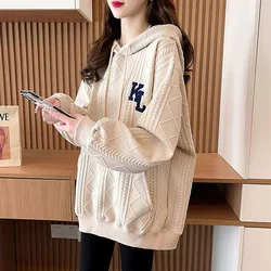 Casual Popular Mid Length Loose Outerwear Waffle Hoodie for Women 2024 New Spring Autumn Versatile Quality Trendy Coat Top