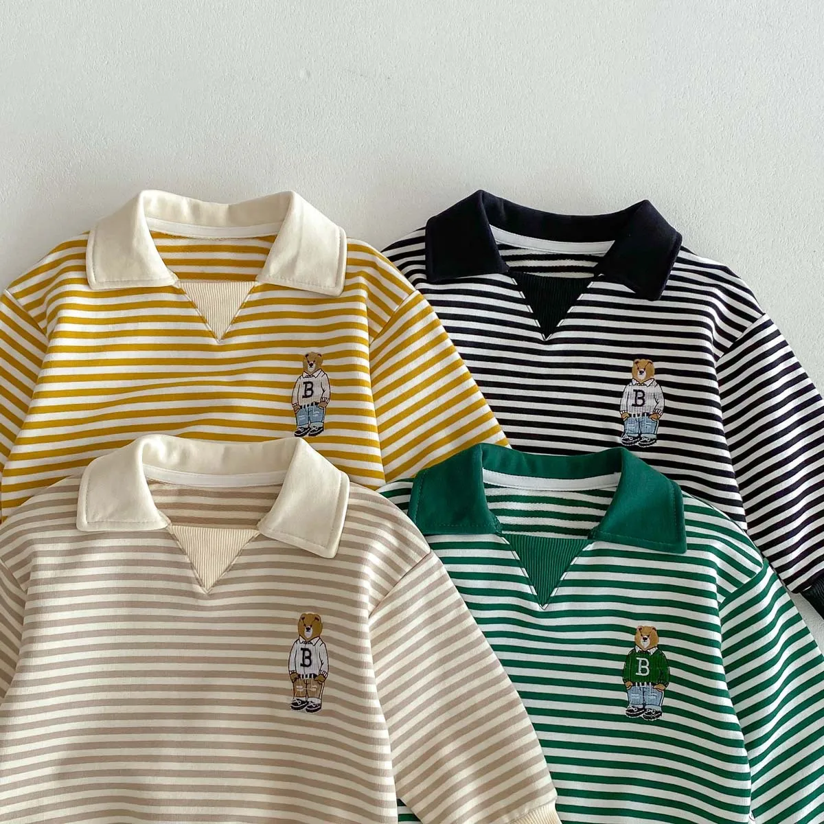 Spring Autumn Children Cool Lapel Striped Sweatshirt Kid Girl Cartoon Embroidery Long Sleeve T-shirt Boy Baby Casual Cotton Tops