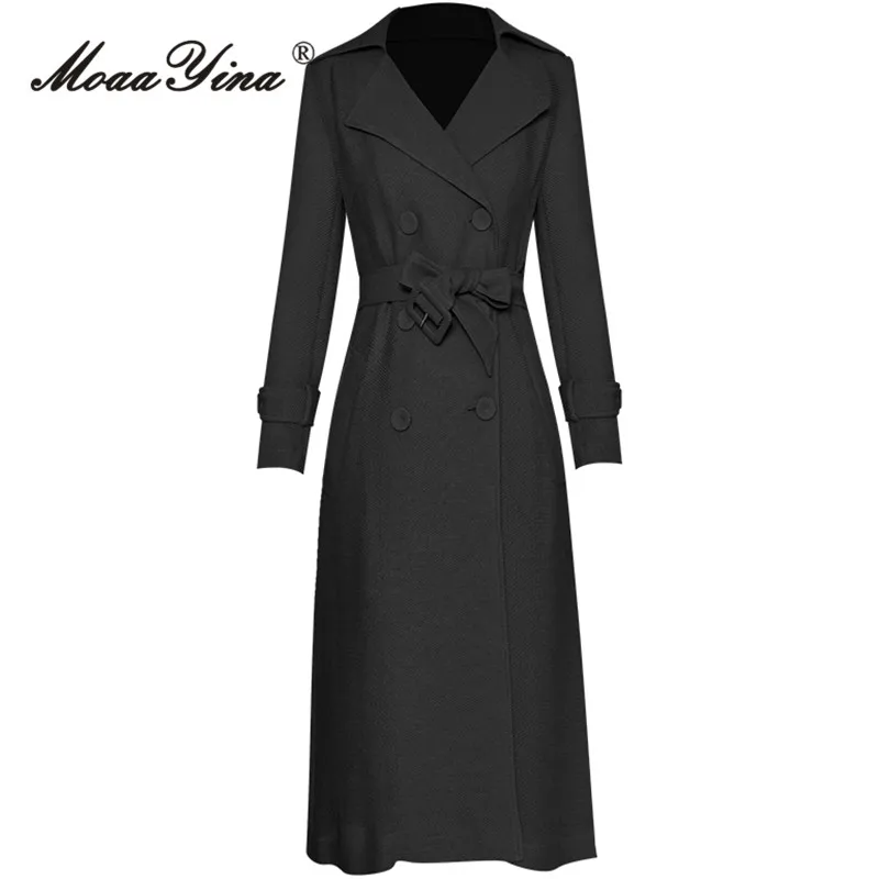 

MoaaYina Spring Fashion Designer Dark Gray Vintage Trench Coat Women Lapel Button Frenulum Gathered Waist Slim Long Trench Coat