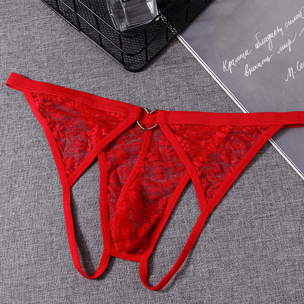 Men's Lace Flower Pattern Sissy G-String Hollow Thong Low Waist Transparent And Breathable Convex Pouch Sexy Open Underwear image 2