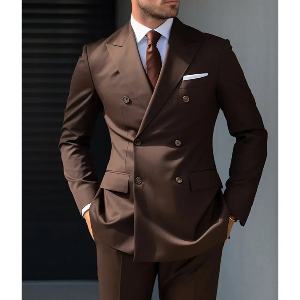 

High Quality Brown Men Suits Double Breasted Peak Lapel Regular Length Slim Fit 2 Piece Jacket Pants Outfits Costume Homme 2024