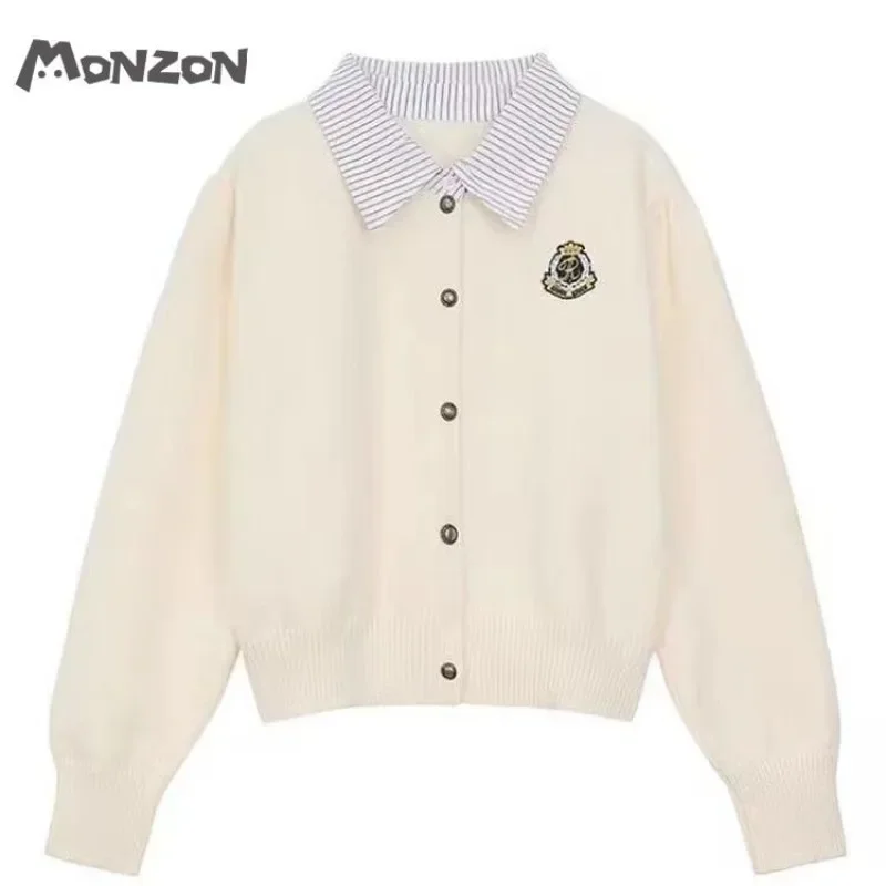 Chic POLO Neck Turn-down Collar White Cardigan Sweater Jackets Badge Embroidery Knitted Sweater Coats Sweet Elegant Women