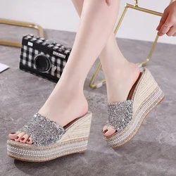 Women High Heels Sandals Summer Rhinestone Wedges Sandalias 2024 New Outdoor Beach Slippers Woman Platform Peep Toe Slides