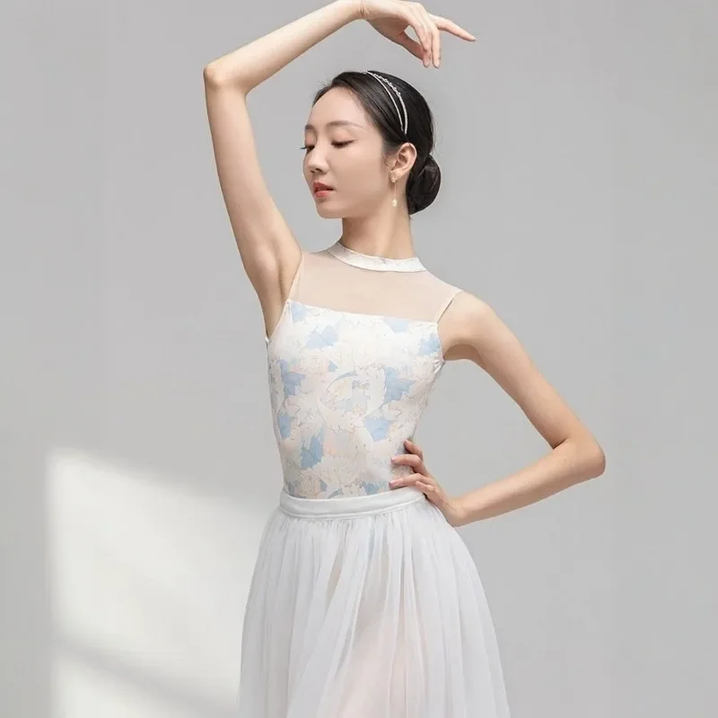 Body da balletto da donna Per adulti senza maniche stampato Ginnastica Abiti da allenamento Body Abbigliamento da ballo Abiti da palcoscenico senza schienale femminili