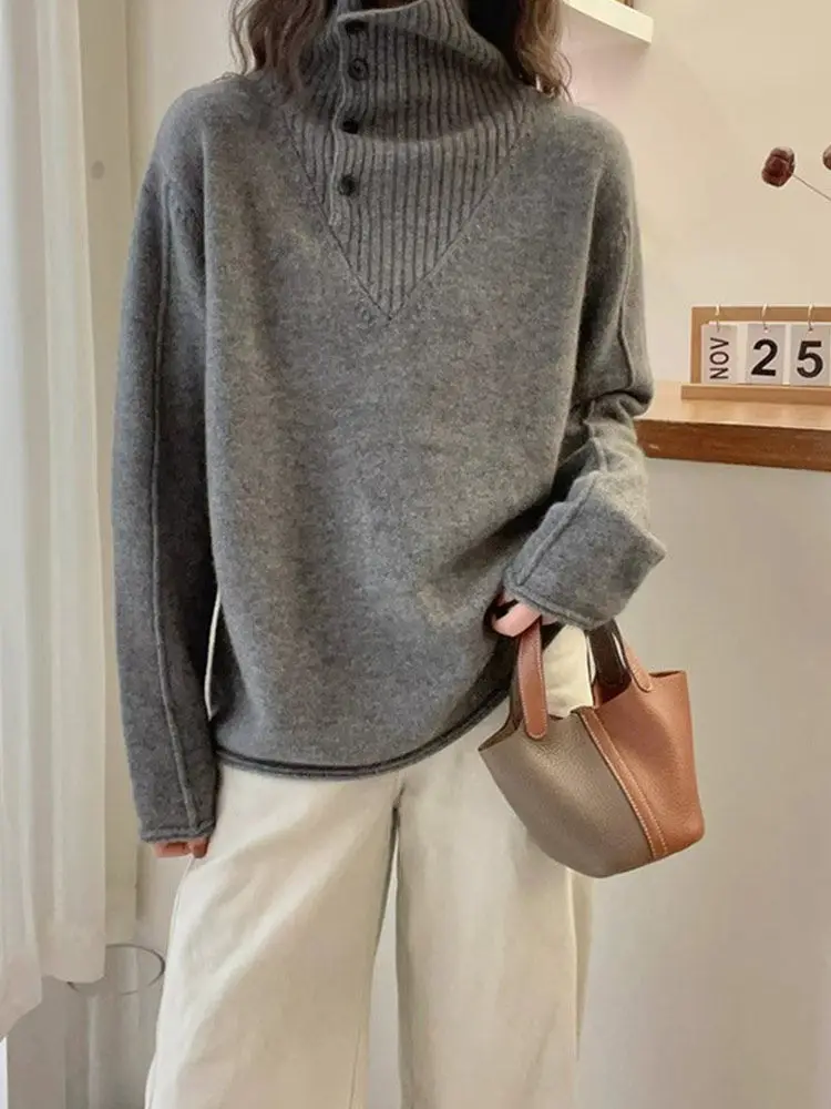 

Кашемировый свитер с дизайнерским подходом, однотонный, теплый, с высоким воротником, длинными рукавами, облегающий, свободный, повседневный топ