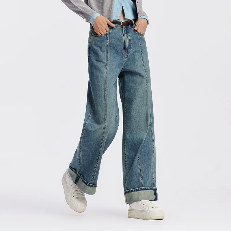Semir Jeans Women Rolled Hem Long Pants 2025 Autumn New Loose Wide Leg Trousers