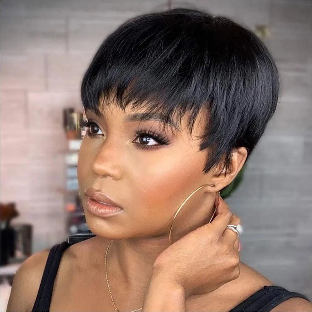 Short Human Hair Wigs with Bangs Natural Black Short Wig Pixie Cut Wigs Human Hair Machine Made  Cosplay Duby wigs for Women