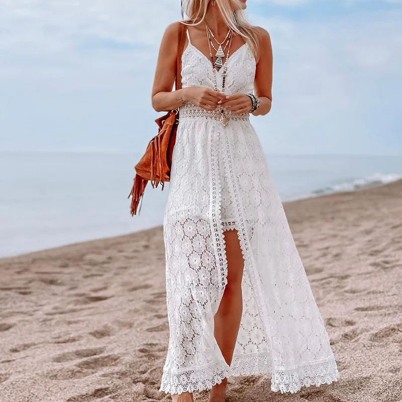 Sexy V-Neck Suspender Splicing Casual Jumpsuit Bohemian Lace Hollow Shorts Dress Seaside Vacation Spring Summer