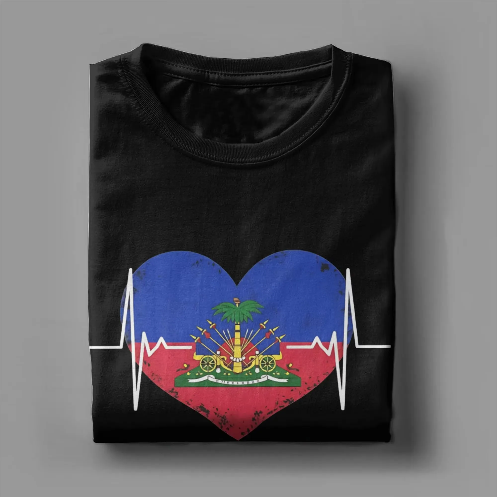 Haitian Flag Heartbeat Graphic Tee Men's Cotton Short Sleeve Crew Neck Casual T-Shirt