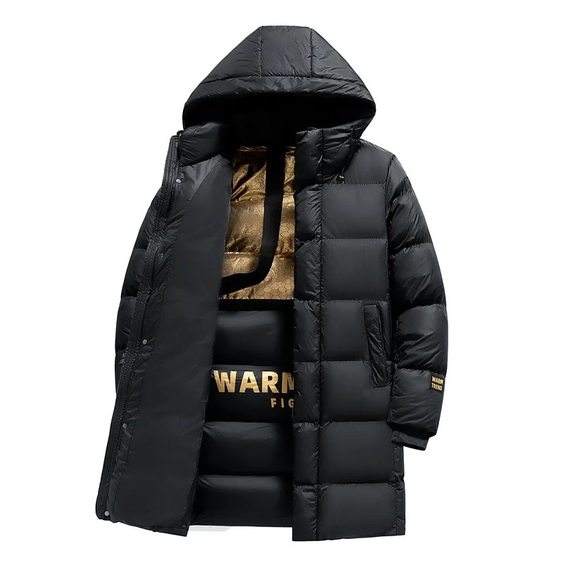 Men Fashion Extra Long Puffer Parkas Cotton Padded Thick Warm Long Overcoat Hooded Windproof Thick Thermal Outerwear Black Gold