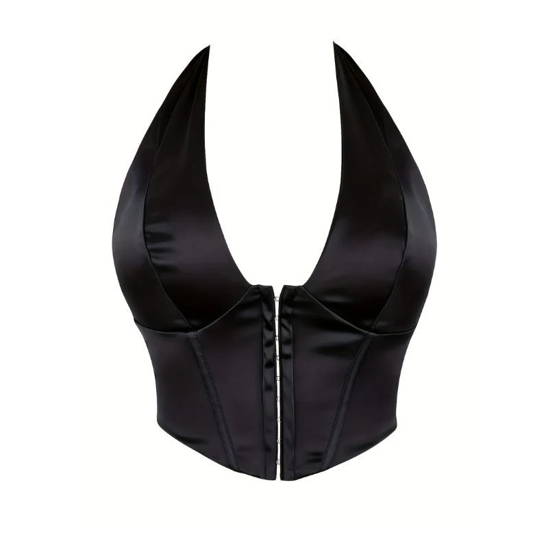 

Модный женский корсет с лямкой на шее, укороченный топ, сексуальный черный атласный топ в стиле ретро на шнуровке, готическое бюстье, нижнее белье, летние топы на бретелях