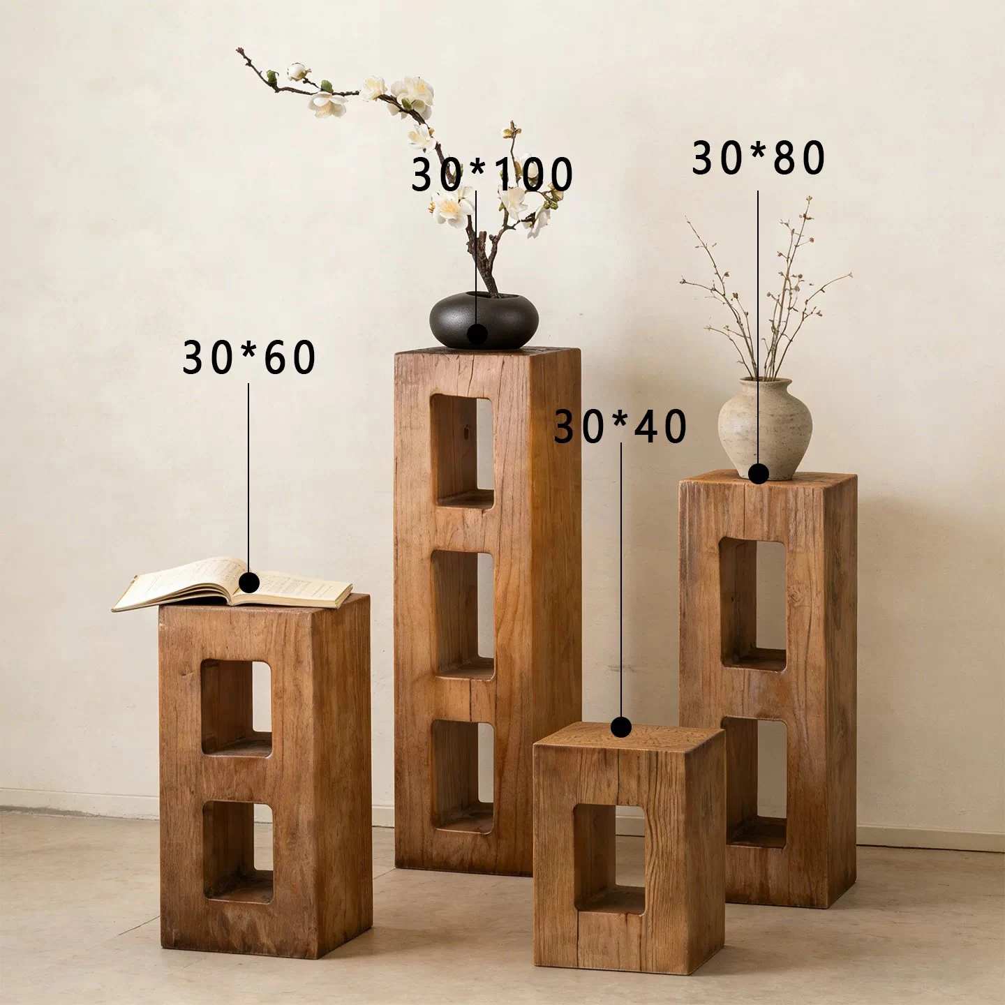 Mid Century Solid Wood Pedestal Stand Vintage Hollow Log Display Plinth Wabi Sabi Decor Boutique Homestay Entryway Vase Stand