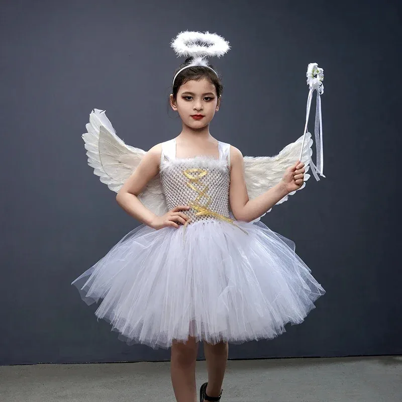 White Angel Heaven Christmas Fancy Dress Up Costume for Girls Cosplay Halloween Party Tutu Dress Princess Fairy Kids Outfit