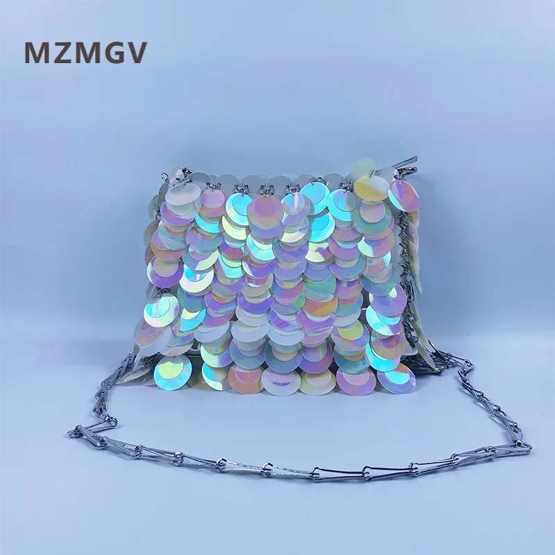 

Gradient Dazzling Color Bling Bling Sequin Chain Woven Bag Fashionable Niche Design Evening Bag Party Wedding Simple Clutches