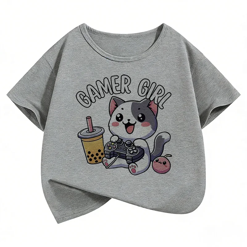 Cute Cat Gamer Girl Graphic Kids Tshirts Summer Short Sleeve Tees Cartoon Boys Girls Clothes Kawaii Tops Y2K Children T-shirt