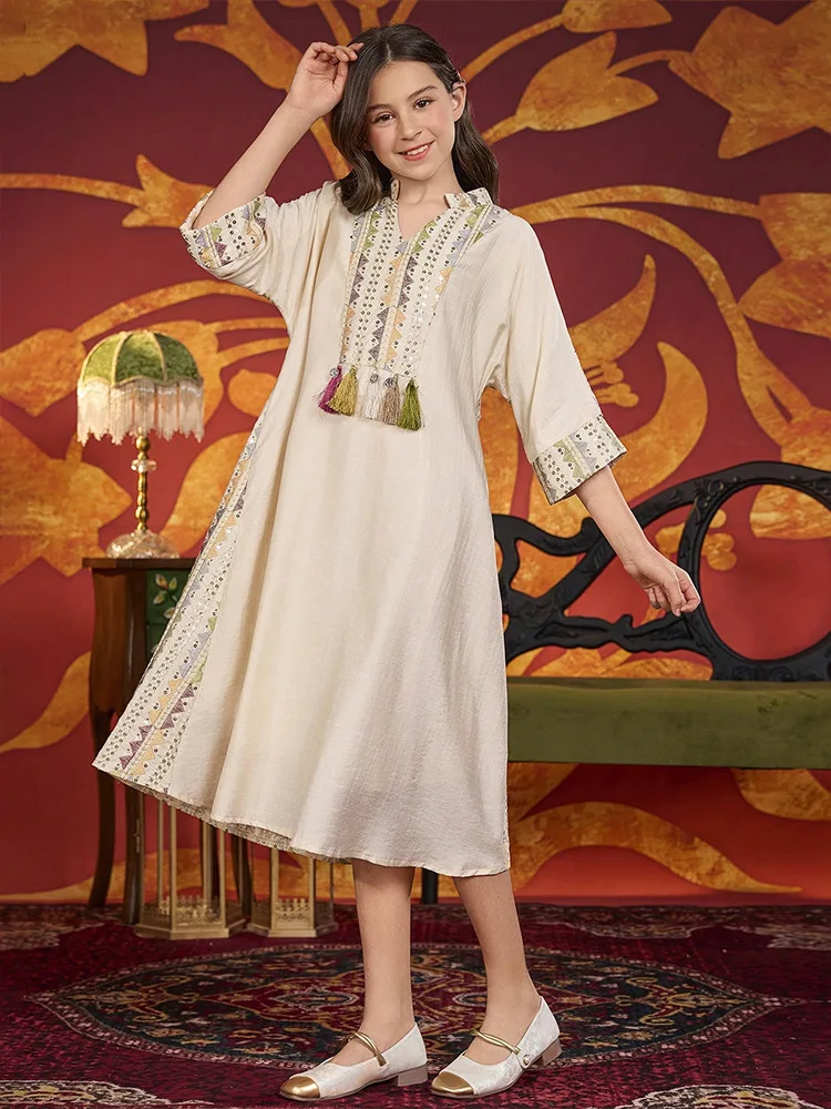 Ragazze Dubai Abaya Ramadan Musulmano Bambini Abito lungo Ricamo Abiti da festa Eid Djellaba Marocco Caftano Turchia Robe Islam Jalabiya