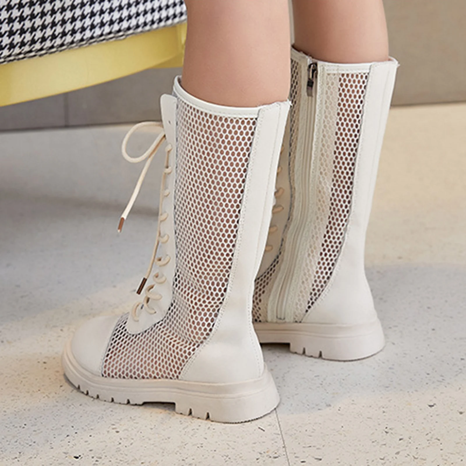 

Kids' Mesh Knee-High Boots White Breathable Lace-Up Zip Lightweight Daily Streetwear 2026 Trendy Comfortable Footwear Traje