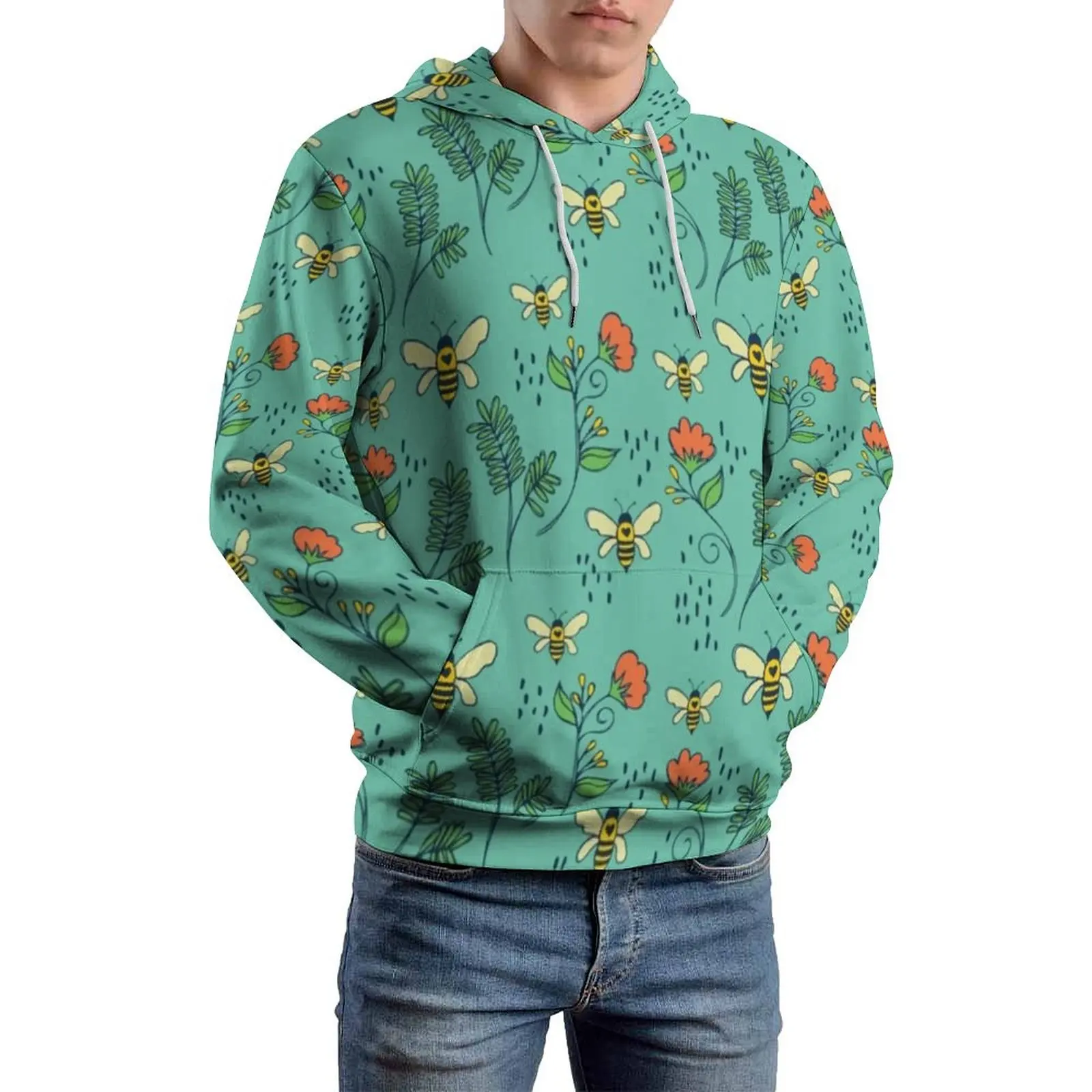 Cute Flying Bees Loose Hoodies Red Floral Print Casual Pullover Hoodie Man Long Sleeve Retro Graphic Sweatshirts Big Size 5XL