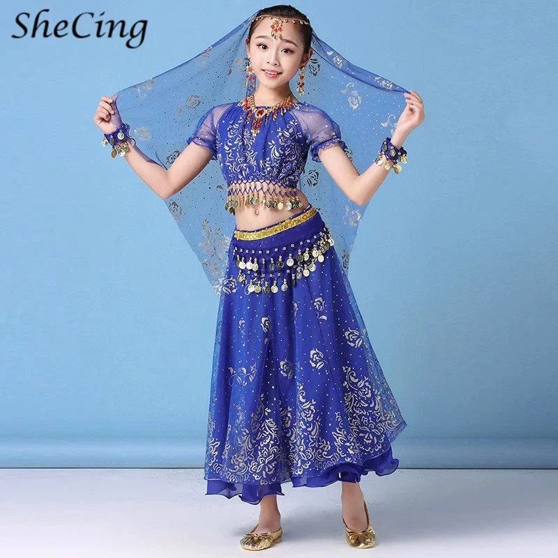 New Kids Indian Bollywood Belly Dance Top Skirt Costumes Set Girls Arabic Festival Halloween Cosplay Stage Dress UP Rave Outfit