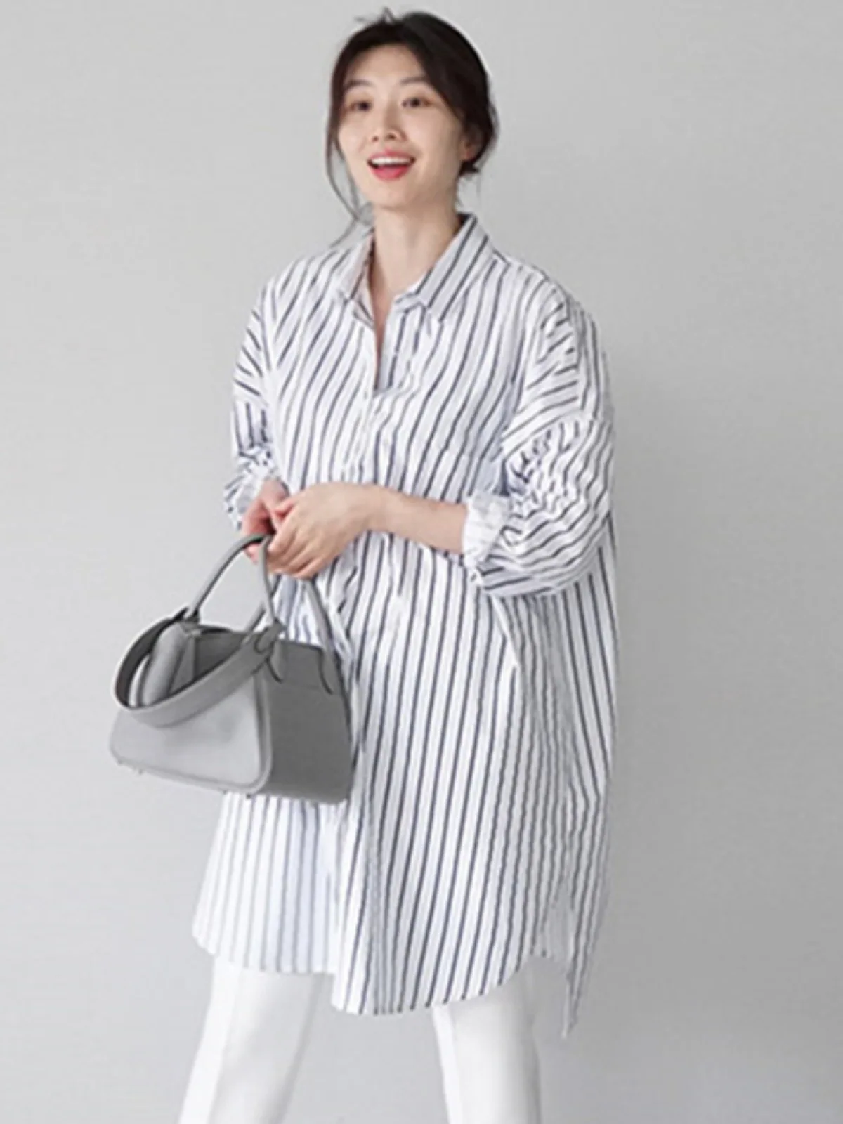 Loose Women's White Shirt Long Sleeve Midi Length Korean Style Dongdaemun Spring Autumn Seasonal Soft Satin Fabric Striped Pa...