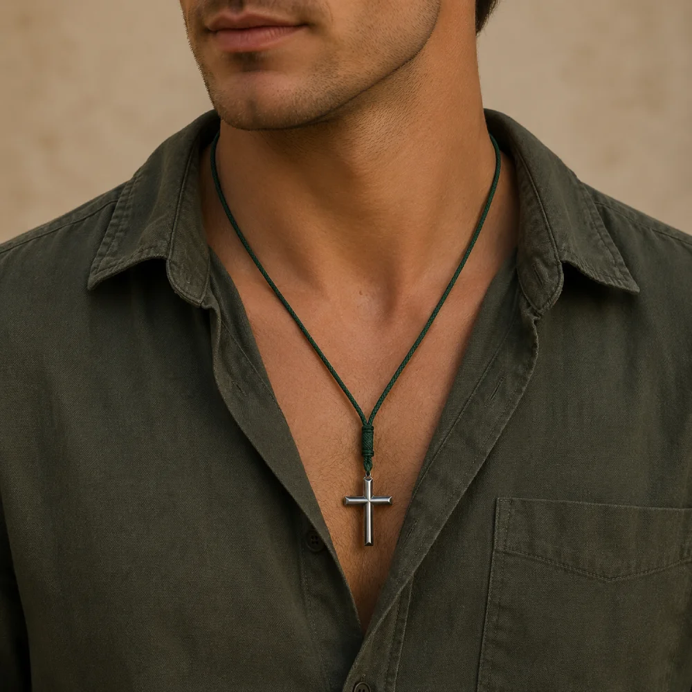 Minimalist Men Cross Necklace Premium Selected Hematite Stone Healing Neck Accessory Jewelry Green Brown Rope Chain Long Collar