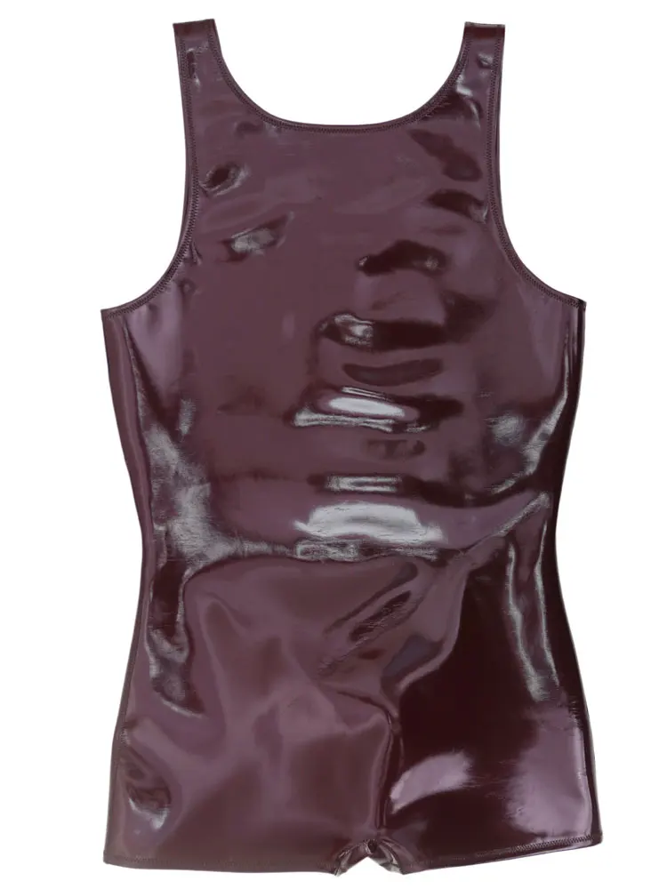 Men's Double Side Wear Bodysuit Tops PVC Shiny Cloth Latex Nightclub Tights U Bulge Pouch Crotch Zipper Man Maid Leotard Vest